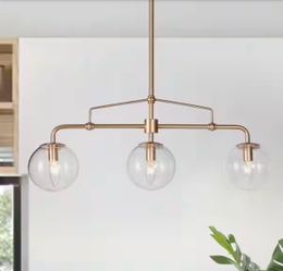 Uolfin Modern Gold Globe Island Chandelier, Naomi 25.5 in. 3-Light Linear Dining Room Pendant Light with Seeded Glass Shades