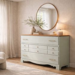 Refinished Solid Wood Dresser 6 Drawer Sage Green