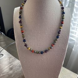 multicolor-fabric and metal necklace - rainbow colors