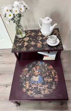 Vintage Alice in Wonderland 2-Tier End Table – Custom Upcycled