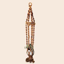 Vintage Macrame Hanging Jute Plant Pot Hanger Holder Natural Jute Orig Wood Clay Caterpillar Beads