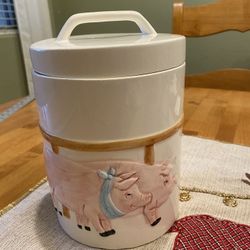 Vintage ceramic pig cookie jar. Lid not airtight. Perfect as utensil/ faux plant holder. Farmhouse.