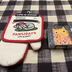 Life Is Good Cat Oven Oven Mitt And Coasters