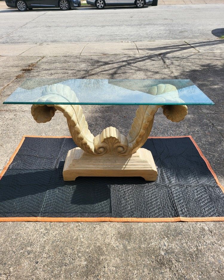 Carved Stone Glass Top Console Table Excellent Condition