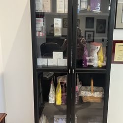 Bookshelf, Black Wood, And Glass Doors