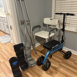 Knee Scooter, Shower Chair, Crutches And Boot Bundle