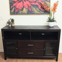 Dark Mahogany Espresso Modern Long Rectangular Media Big Screen TV Stand Glass Shelves Drawers Storage