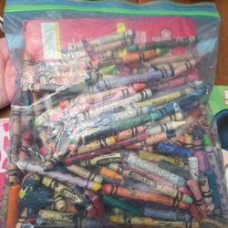 Crayons, color pencils, erasers, pencil bag, coloring book