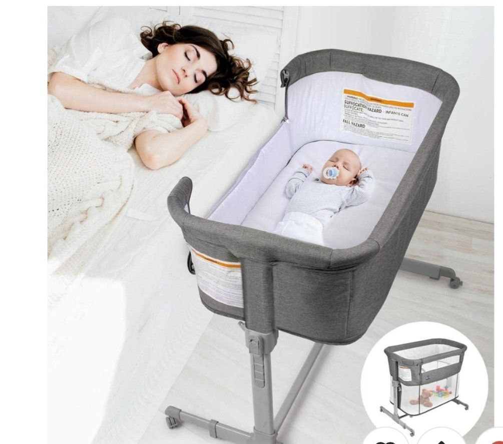 3 in 1 Baby Bassinet Bedside Sleeper And Playpen Easy-Fold Portable Crib, Grey.