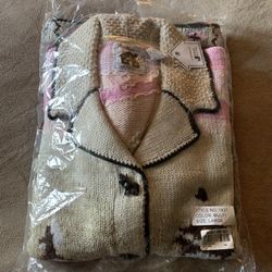 Vintage cardigan sweater NEW from the brand Storybook Knits, featuring a rustic woodland scene with trees and moose