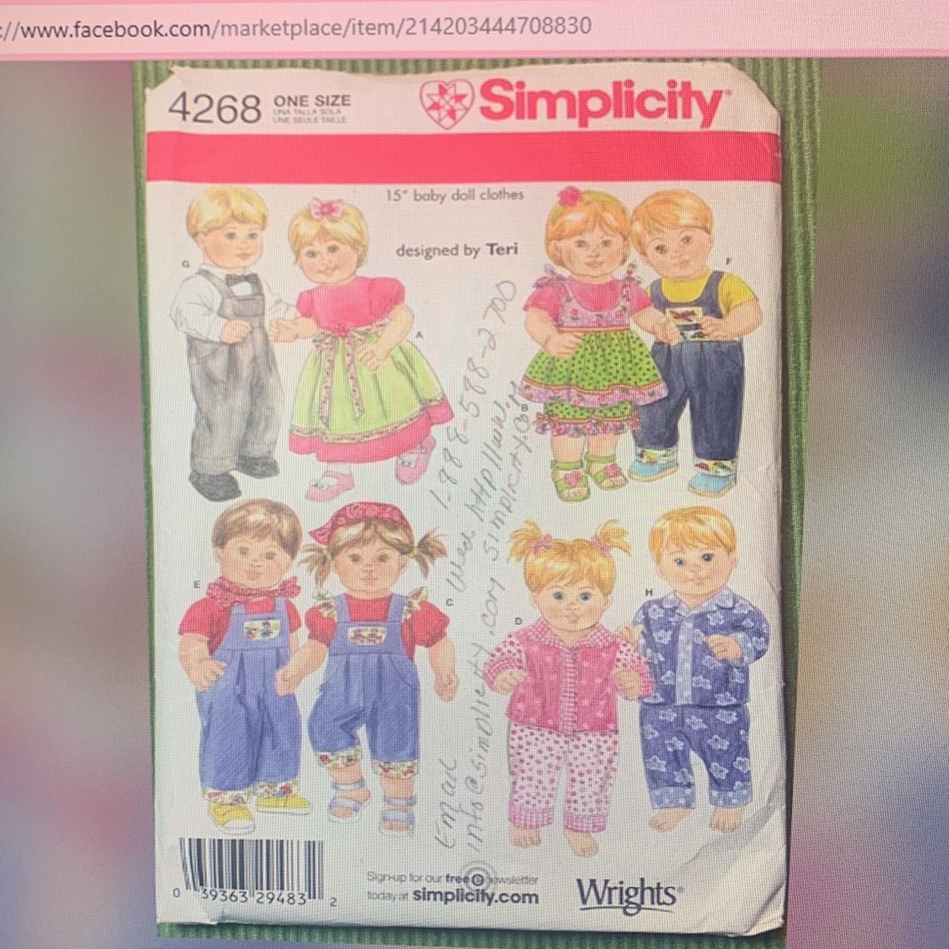 Simplicity Doll Clothes 15” Pattern 4268