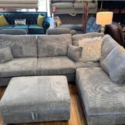 Elegant 3-Pc Corduroy Sectional Sofa With Storage Ottoman 
