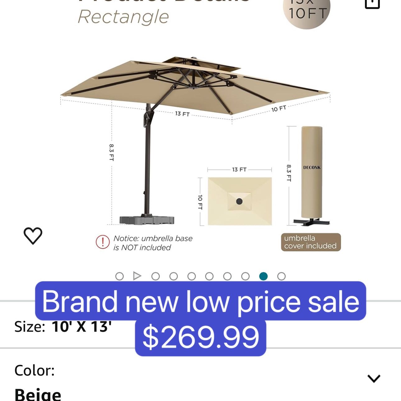 10' X 13' Patio Umbrella Outdoor Large Rectangle Cantilever Umbrellas Double Top Heavy Duty Windproof Offset Umbrella with 360-degree Rotation for Poo