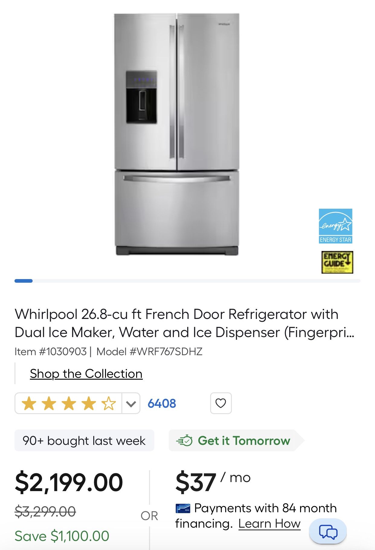 Whirlpool 26.8-cu ft French Door Refrigerator with Dual Ice Maker, Water and Ice Dispenser (Fingerprint Resistant Stainless Steel) ENERGY STAR