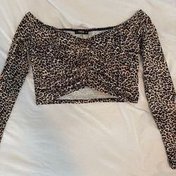 SHEIN Leopard Print Off Shoulder Ruched Crop Top (L)