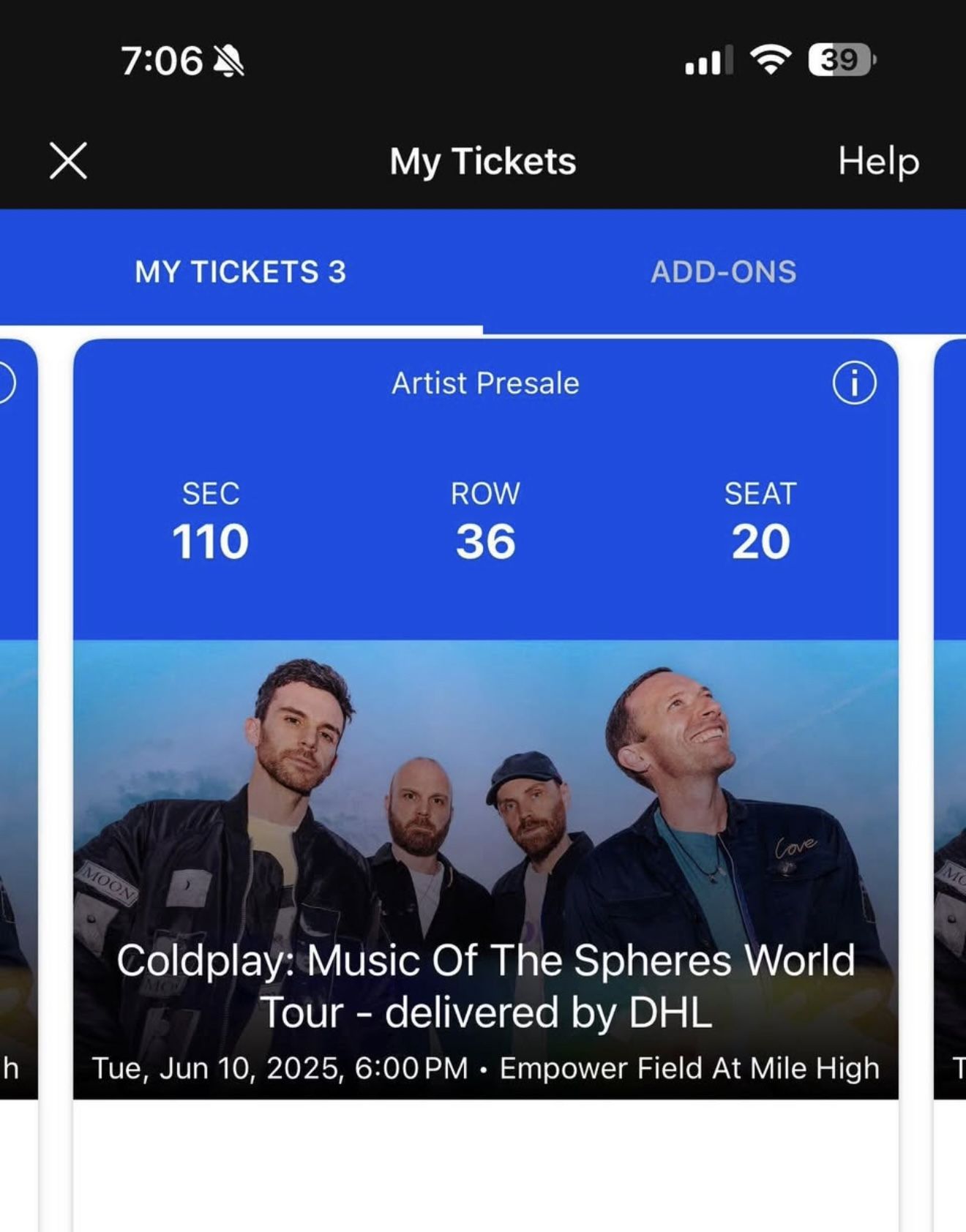 Coldplay Denver 3 Tickets Section 110