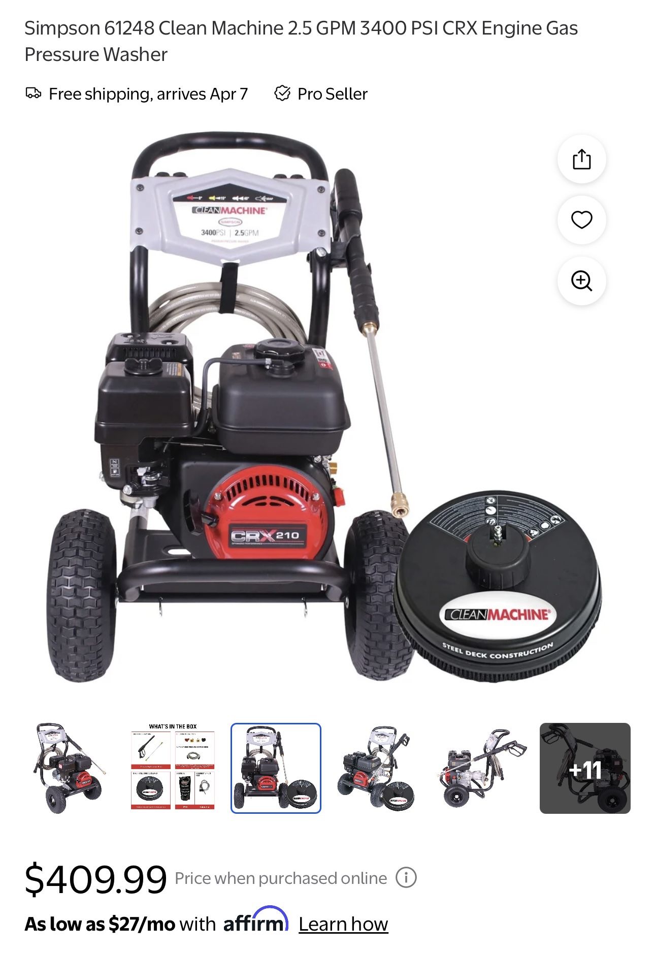 Simpson 61248 Clean Machine 2.5 GPM 3400 PSI CRX Engine Gas Pressure Washer
