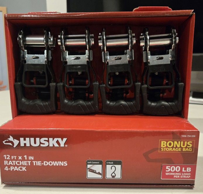 HUSKY 12FT X 1 IN. RACHET TIE- DOWNS 4PK