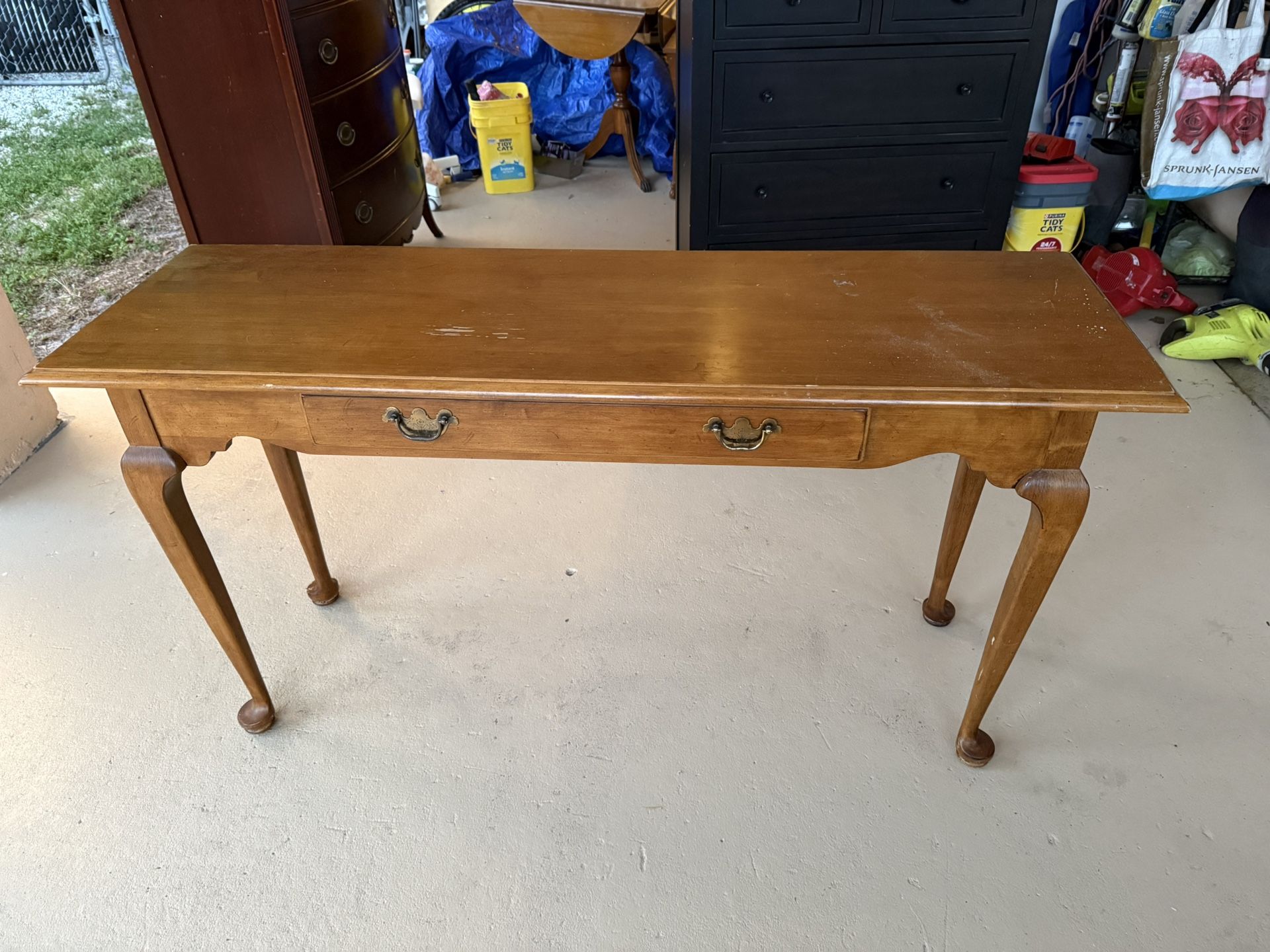 ethan allen queen anne console light brown wood table