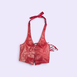Red Faux Leather Lace-Up Halter Corset Top