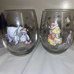 (2) Disney Winnie The Pooh Christmas Stemless Wine Glasses 16oz Eeyore piglet