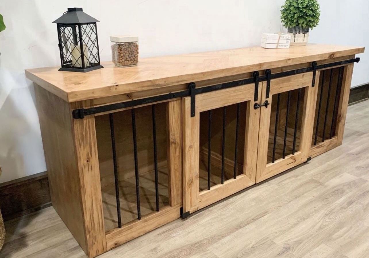 Custom Built Dog Kennel Crate Cage House Console Cabinet TV Stand Farmhouse Modern Rustic Dog Bowl Toy Bed Wood Barn Door