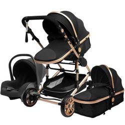 Black/Gold 3 In 1 Baby Stroller Luxury 