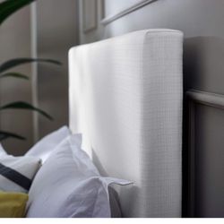 White linen Queen headboard + Black metal queen bed frame