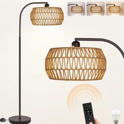 Rattan Standing Lamp with Remote and Dimmable Bulb, Bronze Arch Floor