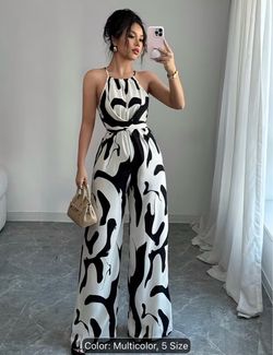 Black & White Abstract Print Halter Jumpsuit