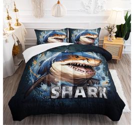 AILONEN Ocean Shark Bedding Full Boys Shark Comforter Set,Sea Animal Bedding Set for Boys Kids,Cartoon Kids Bed in a Bag 3 Pieces, 1 Quilt and 2 Pillo