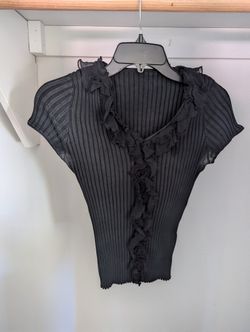 Women's Black Ribbed Top with Ruffle Around Neck