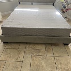 Queen bed frame with boxspring and white dreeser