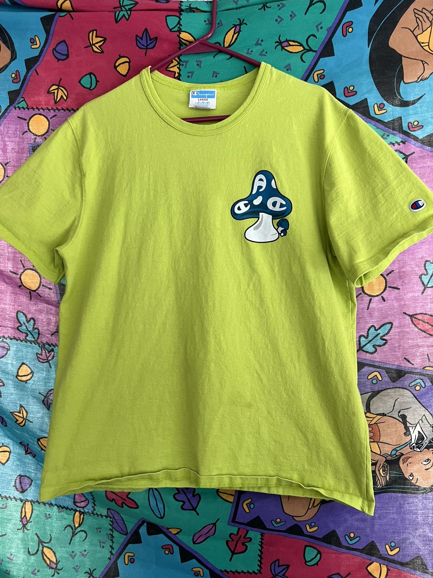 champion t shirt with mushroom design size large