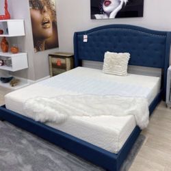 New Fabric Tufted Bed Frame With Curved Headboard : Full / Queen / King Size