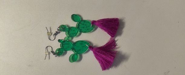 Acrylic Cactus earrings with pink tassels