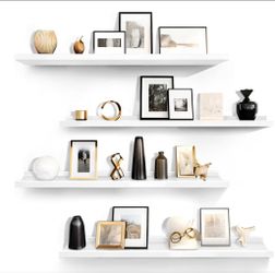 35.4-Inch White Floating Shelves for Wall Storage Set of 4 - Modern Minimalist Picture Ledge Shelf Wall Decor for Kitchen, Bedroom, Bathroom, and Livi