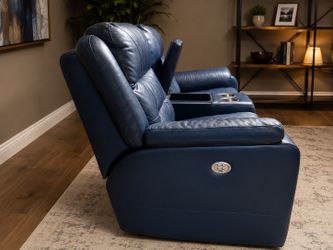 💙 Luxury Blue Leather Reclining Loveseat w/ Console & Cup Holders
