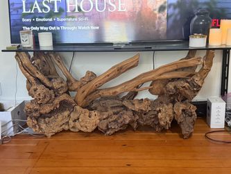 Drift wood console table w glass top.