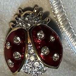 VTG Ladybug Brooch/Pin. Red Enamel w/Clear Swarovski Crystals & Gold Accents