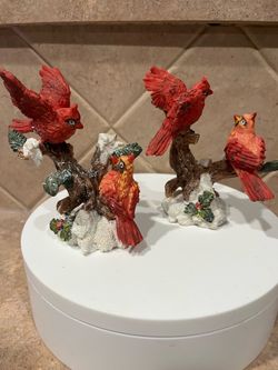Set of 2 Vintage Red Cardinal Resin Birds in Tree Branch Figurines