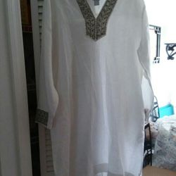 Chico's White Linen Shift Dress With Pocketjs & Beading At Neckline & Cuffs Size 18-20
