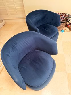 2 Mid Century Blue Velvet Swivel Chairs