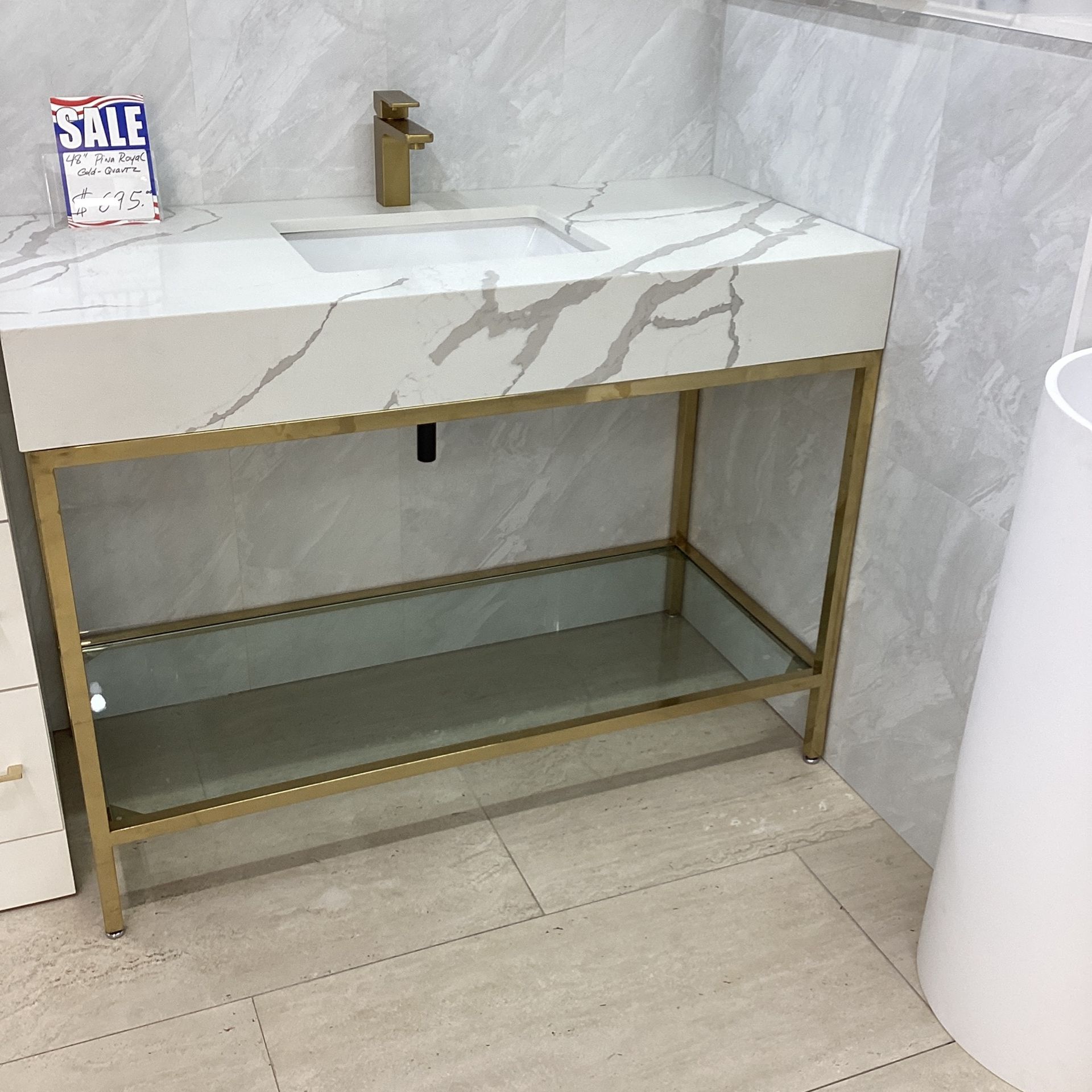 48” Bathroom Vanity New With Quartz Top Single Sink Brass Frame With Tempered Glass Shelf Ready For Pick Up Today
