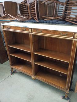 Vintage Baker Furniture Neoclassical Marble-Top Bookcase / Étagère – Brass & Greek Key Detail-#1162