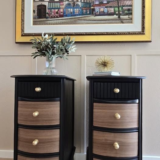 Slim Black Bedside Tables, Walnut Drawers - Will Deliver