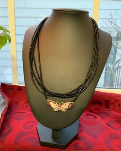 VJ FASHION JEWELRY “Black Five Strand Beaded Necklace with Rhinestone Butterfly Pendant”
