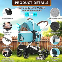 Pet Stroller 3 in 1 Folding Lightweight Dog Stroller with Detachable Carrier & Storage Basket, Premium 4 Wheels Travel Stroller for Puppies, Doggies, 