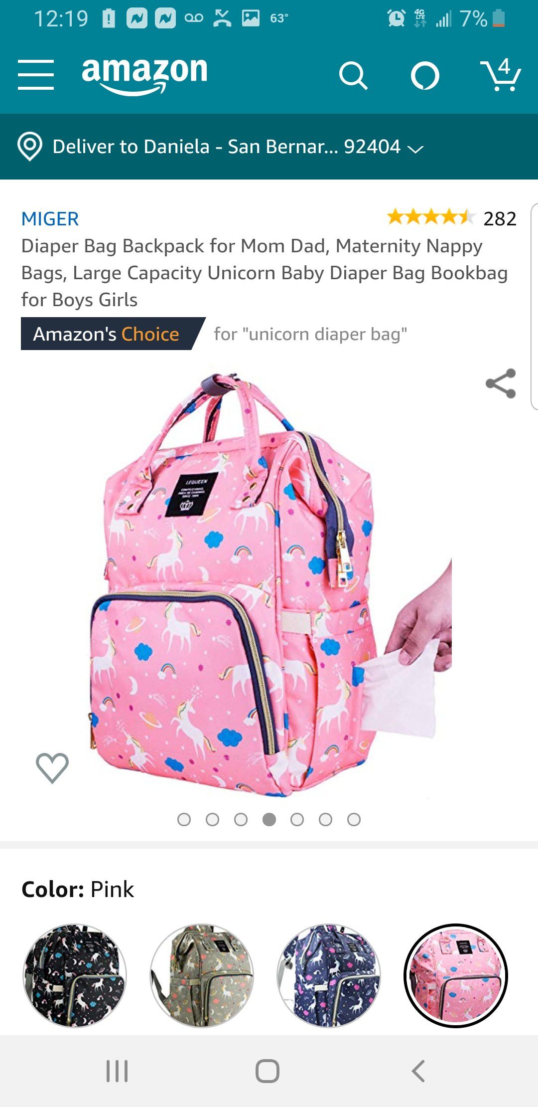 Pink large unicorn diaper bag