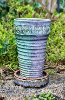 Vintage Evelyn LaMers Signed Studio Pottery Planter With Saucer - Mid-Century MCM